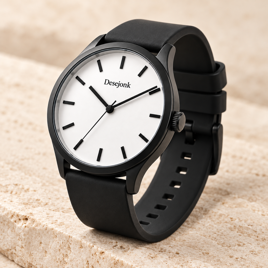 Desejonk Arctic watch with white dial, black case and black strap, angled crown and case detail.