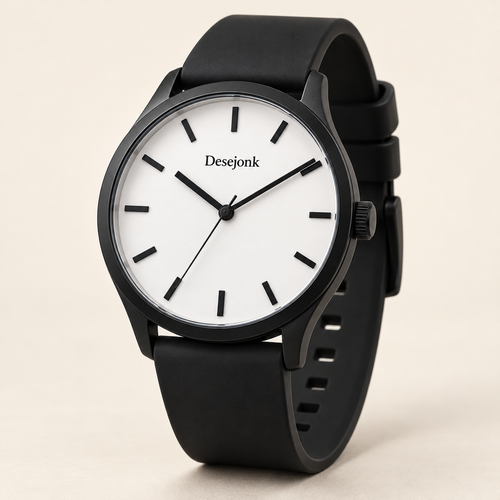 Desejonk Arctic watch with white dial, bold black markers, black round case and black strap, front view.