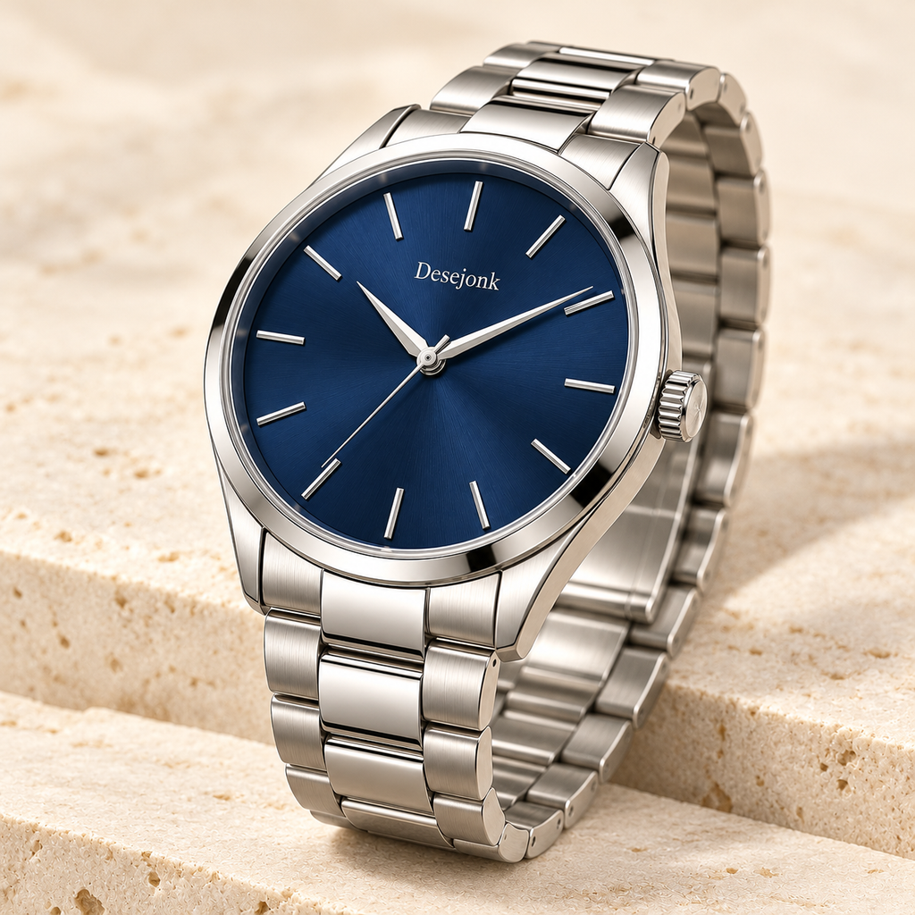 Desejonk Atlantic watch with navy blue dial, silver-tone case and link bracelet, angled crown and case detail.