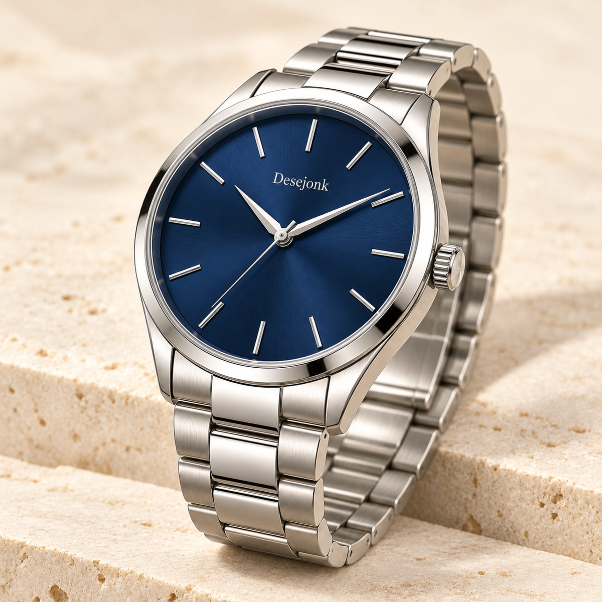 Desejonk Atlantic watch with navy blue dial, silver-tone case and link bracelet, angled crown and case detail.