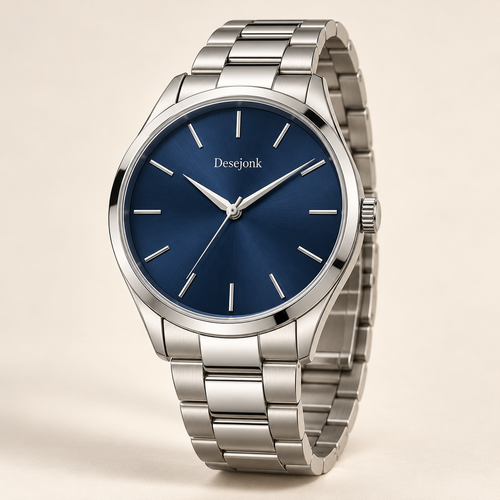 Desejonk Atlantic watch with navy blue dial, silver-tone round case and link bracelet, front view.