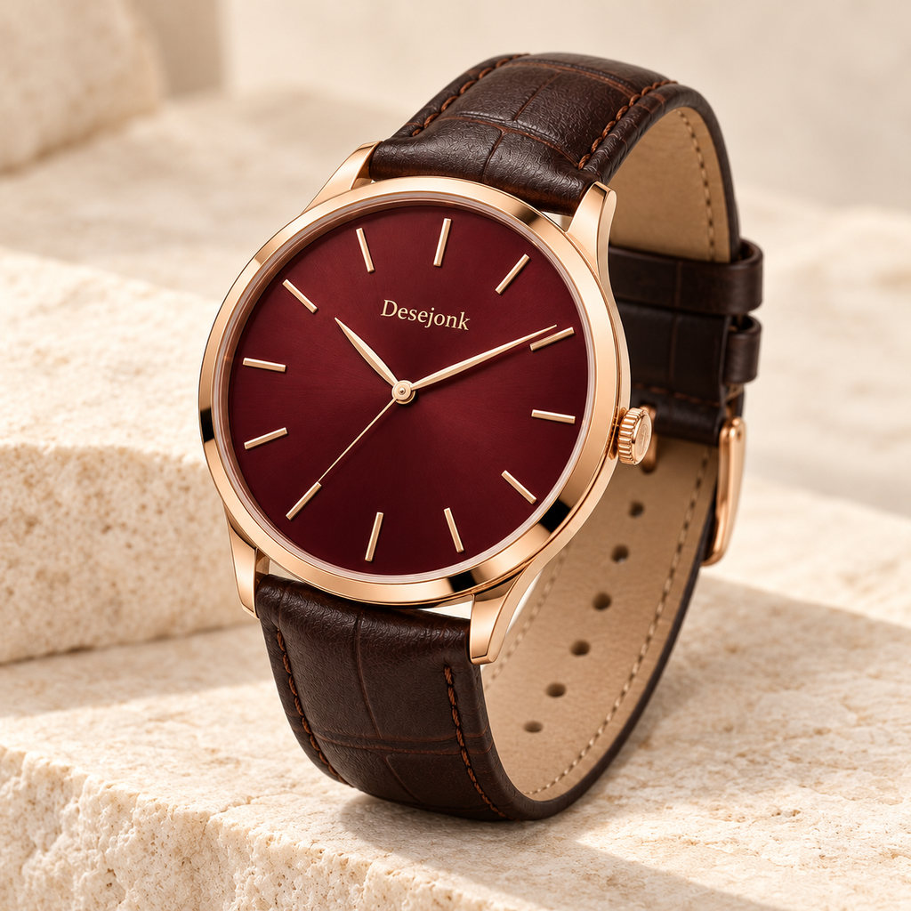 Desejonk Bordeaux watch with burgundy dial, rose-gold-tone case and dark brown strap, angled crown and case detail.