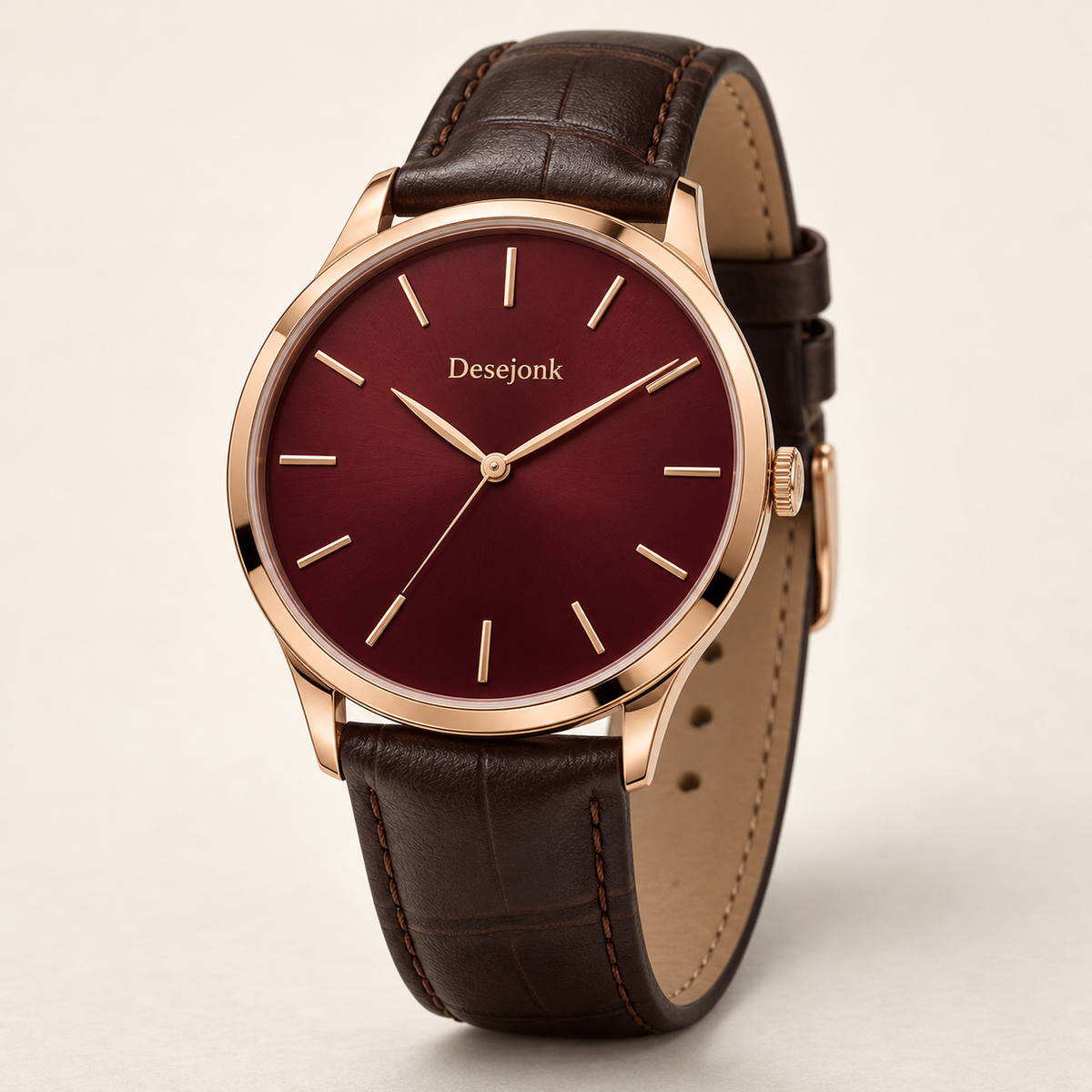Desejonk Bordeaux watch with burgundy dial, rose-gold-tone round case and dark brown strap, front view.