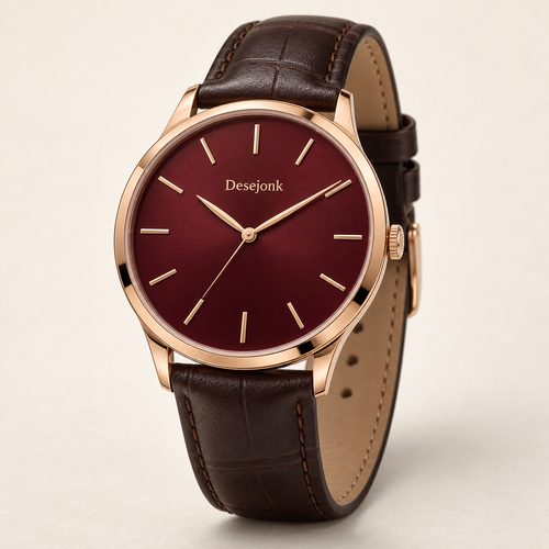 Desejonk Bordeaux watch with burgundy dial, rose-gold-tone round case and dark brown strap, front view.