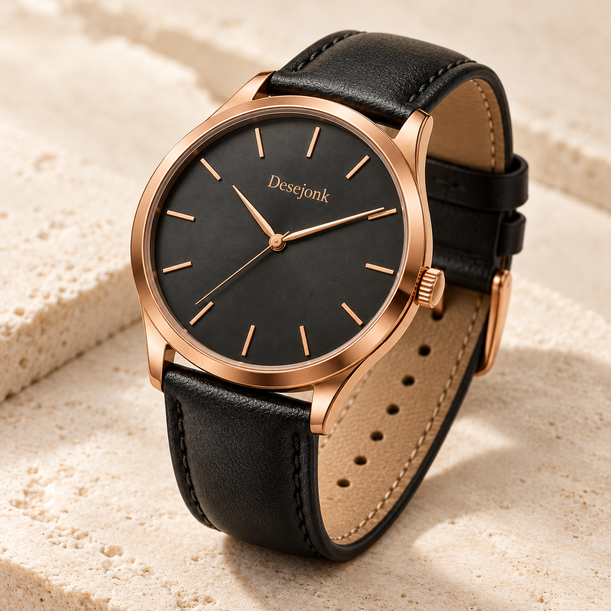 Desejonk Copper watch with charcoal dial, copper-tone case and black strap, angled crown and case detail.