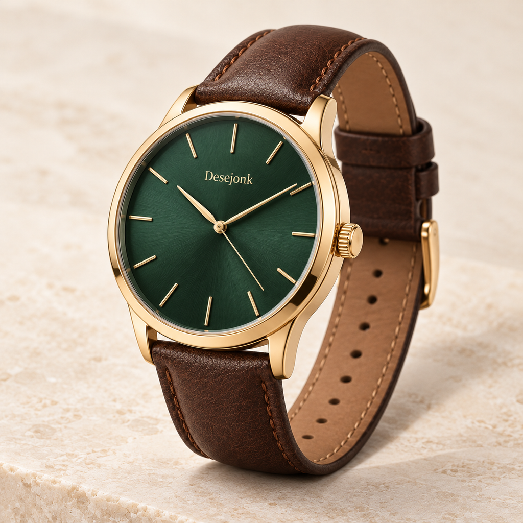 Desejonk Evergreen watch with forest green dial, gold-tone case and brown strap, angled crown and case detail.