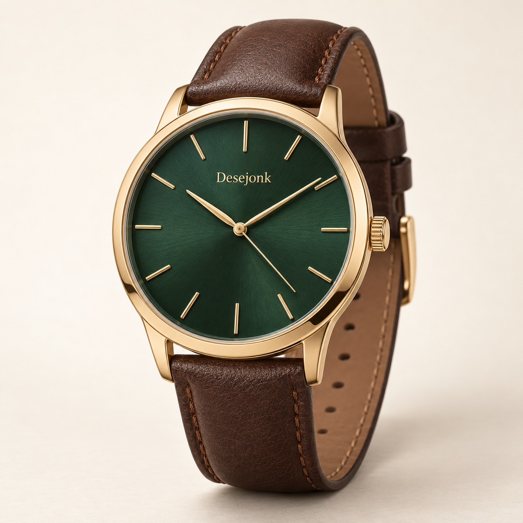 Desejonk Evergreen watch with forest green dial, gold-tone round case and brown strap, front view.