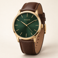 Desejonk Evergreen watch with forest green dial, gold-tone round case and brown strap, front view.