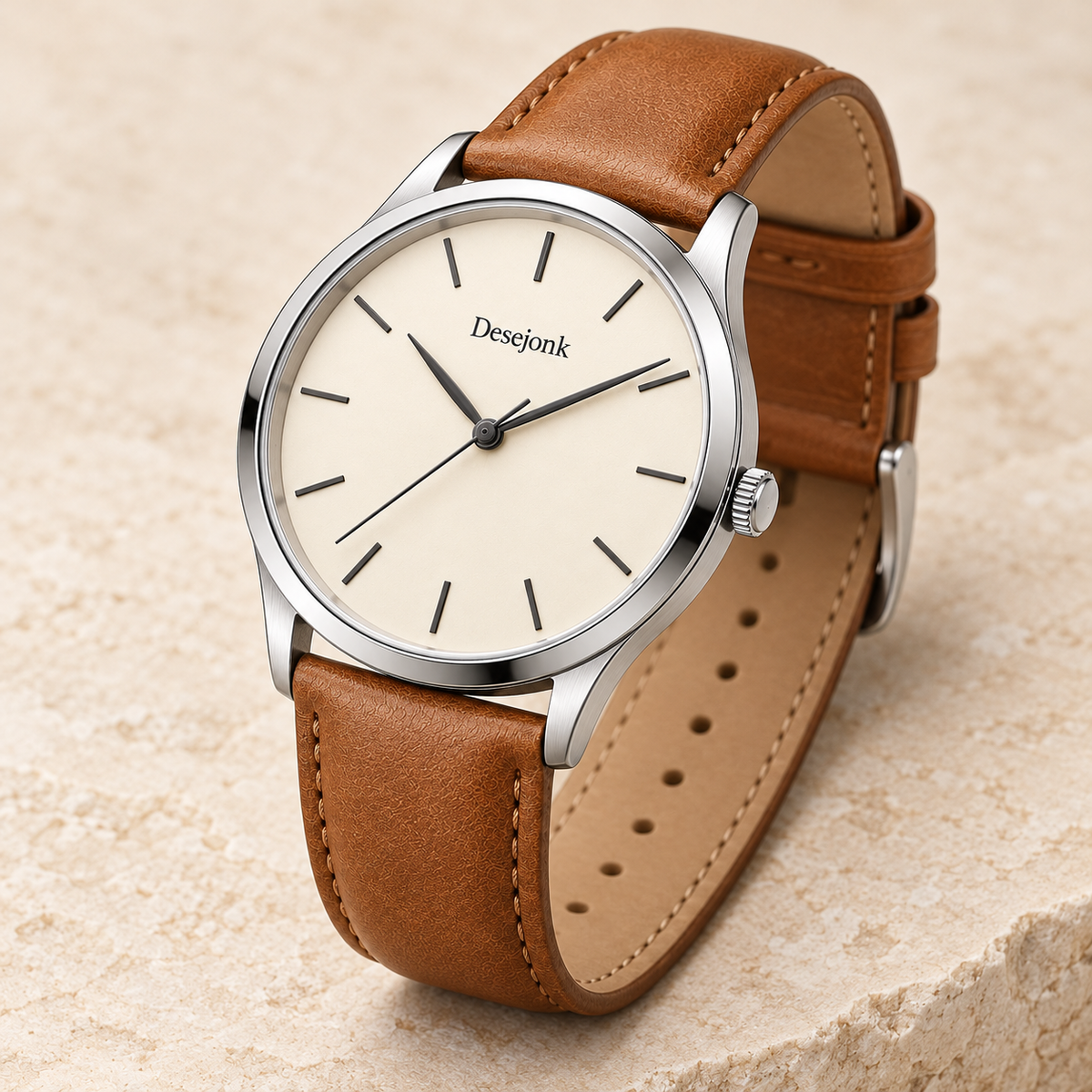 Desejonk Ivory watch with ivory dial, silver-tone case and tan strap, angled crown and case detail.