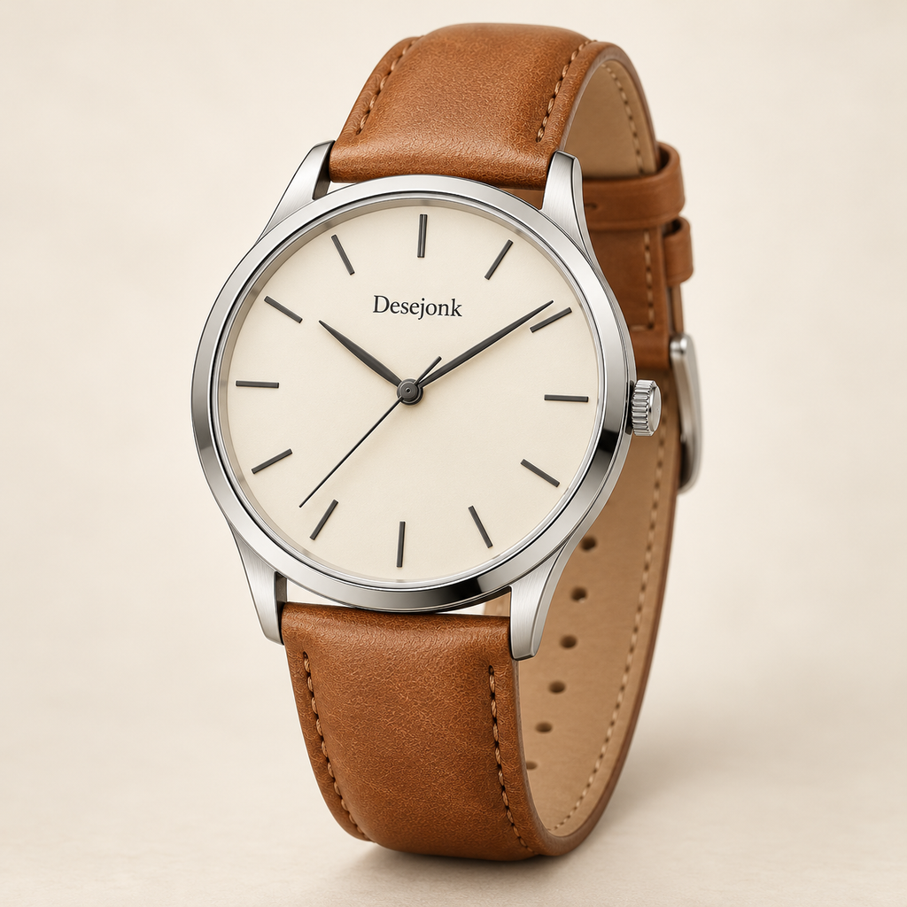 Desejonk Ivory watch with ivory dial, silver-tone round case and tan strap, front view.