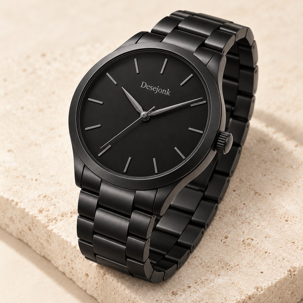 Desejonk Midnight watch with black dial, black case and matching bracelet, angled crown and case detail.