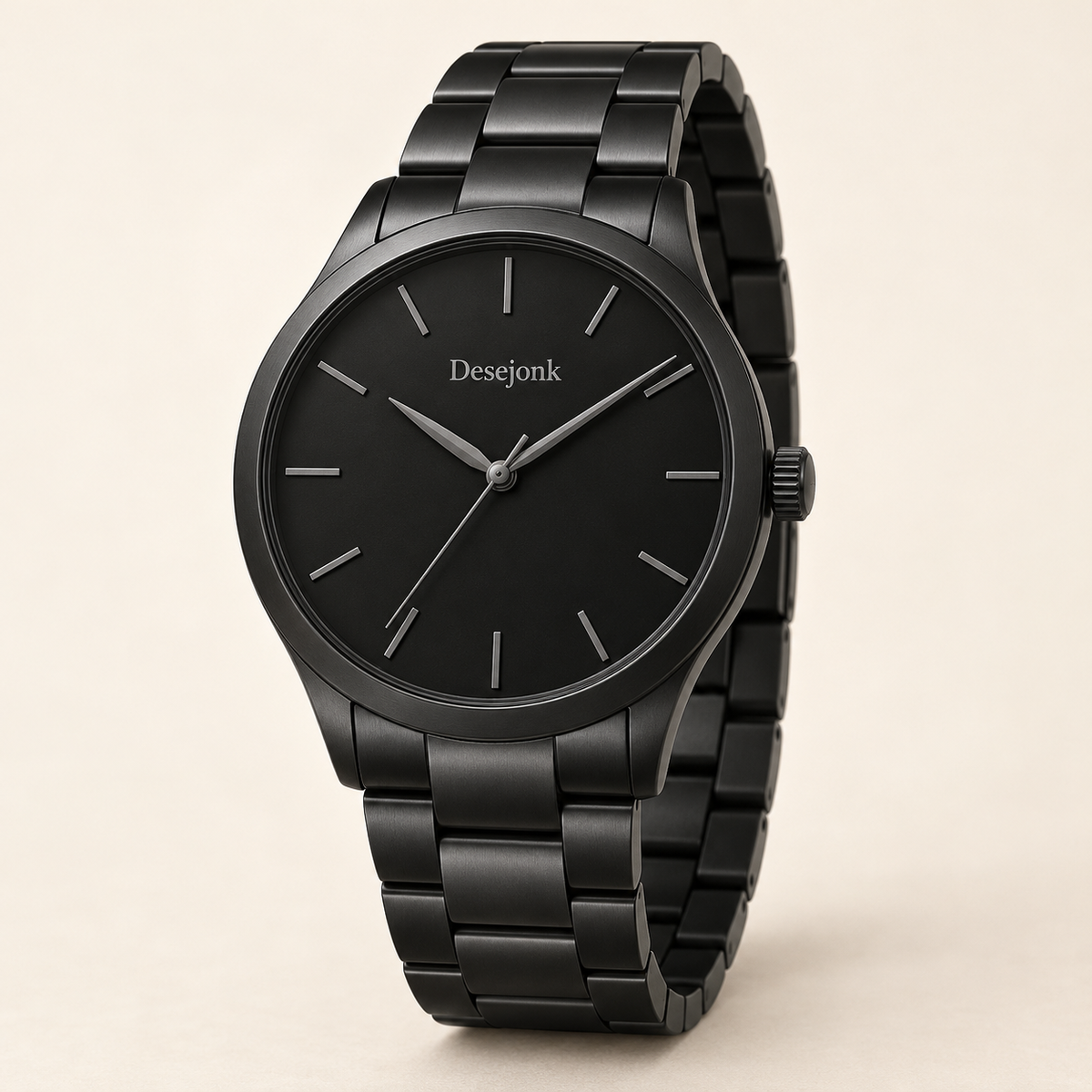 Desejonk Midnight watch with black dial, black round case and black link bracelet, front view.