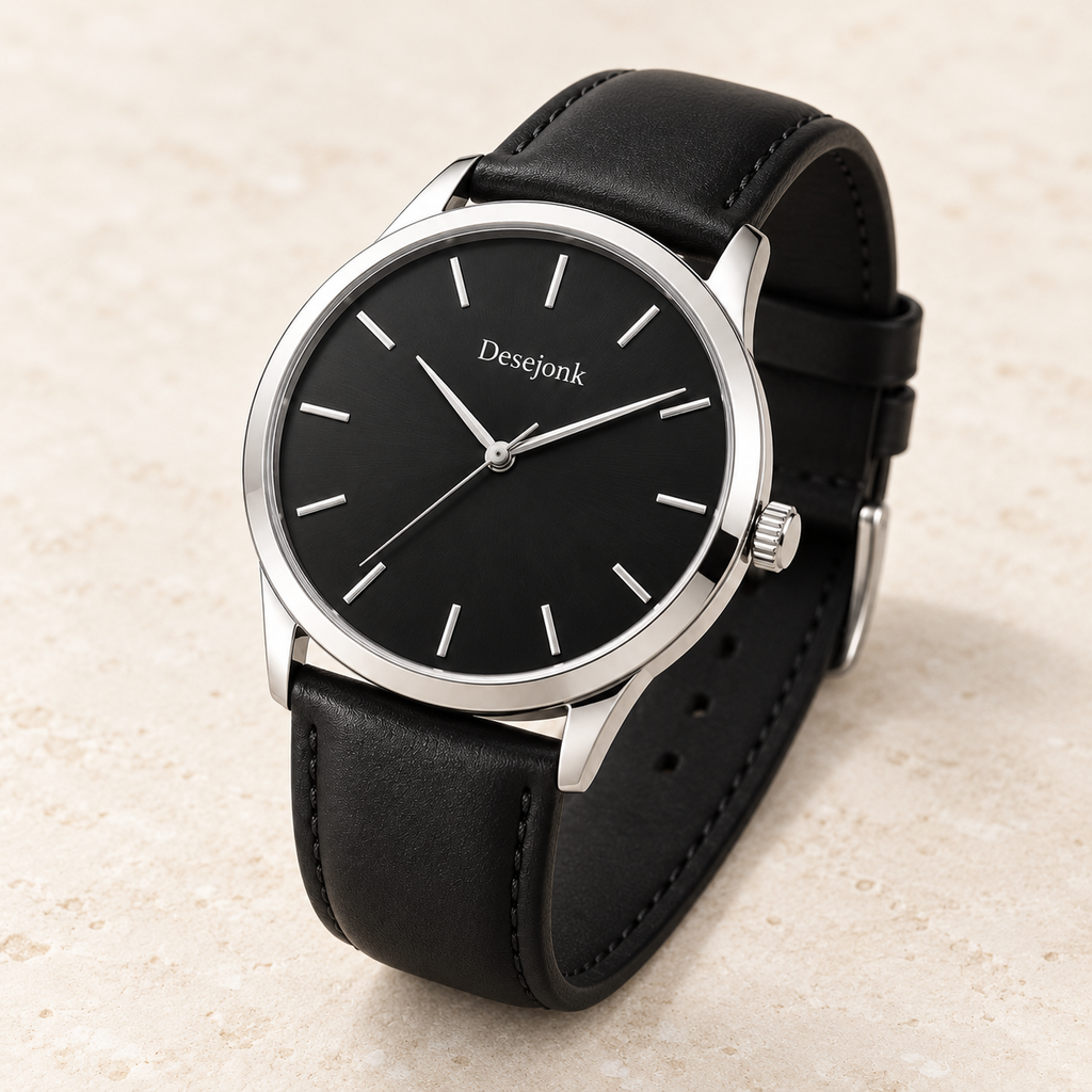 Desejonk Obsidian watch with black dial, silver-tone case and black strap, angled crown and case detail.