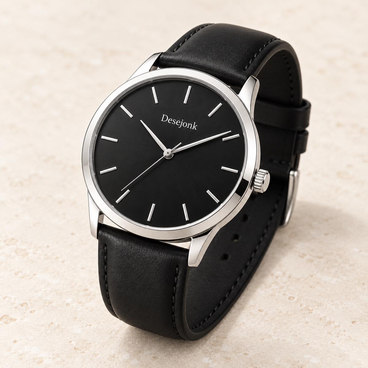 Desejonk Obsidian watch with black dial, silver-tone case and black strap, angled crown and case detail.