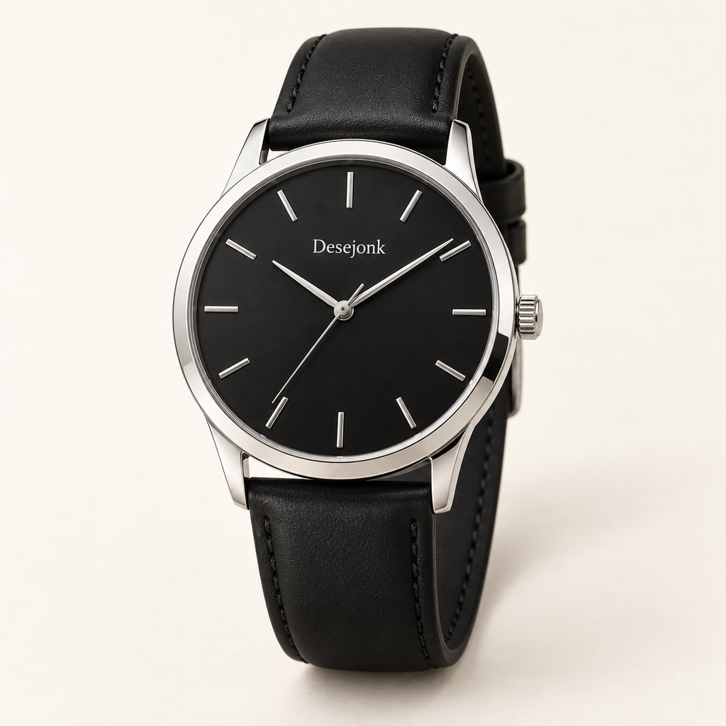 Desejonk Obsidian watch with black dial, silver-tone round case and black strap, front view.