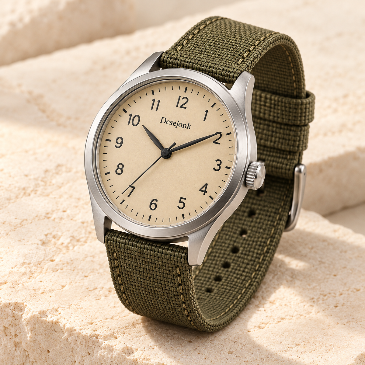 Desejonk Sandstone watch with beige Arabic-numeral dial, silver-tone case and olive fabric strap, angled crown and case detail.