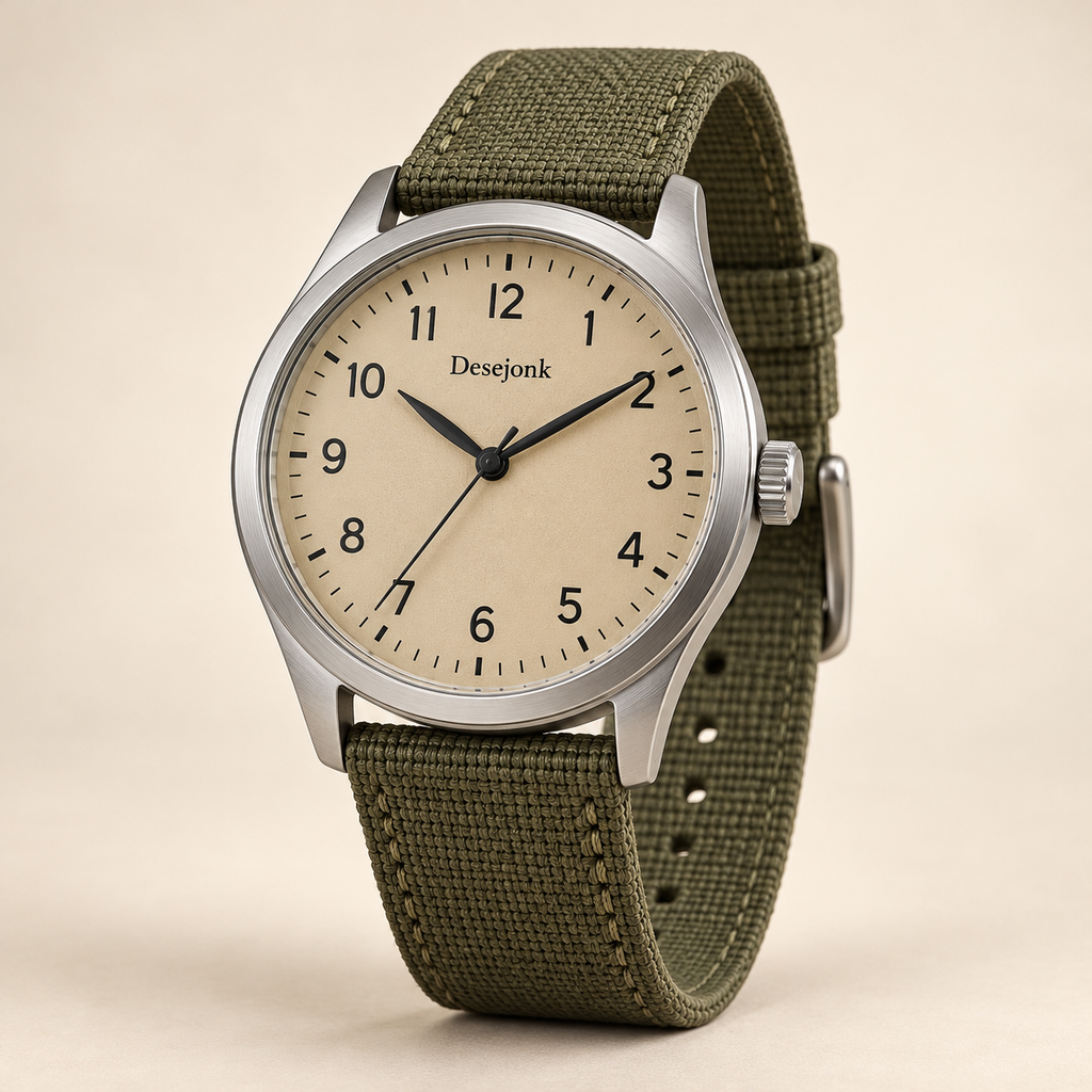 Desejonk Sandstone watch with beige dial, black Arabic numerals, brushed silver-tone case and olive fabric strap, front view.
