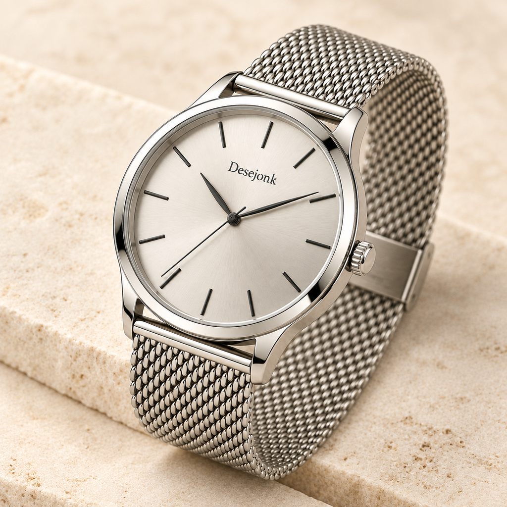 Desejonk Sterling watch with silver dial, silver-tone case and mesh bracelet, angled crown and case detail.