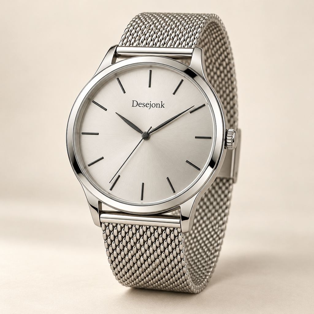 Desejonk Sterling watch with silver dial, silver-tone round case and mesh bracelet, front view.
